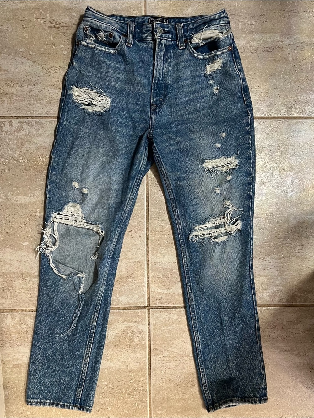 Abercrombie & Fitch Distressed High-Rise Blue Denim Mom Jeans SZ 2r/26 - Picture 7 of 14